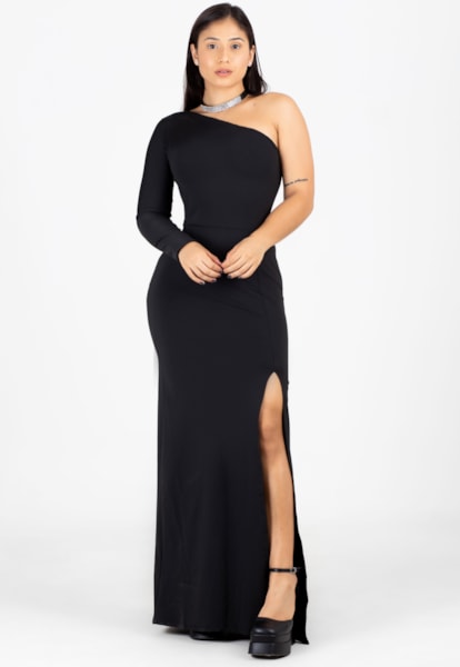 Vestido Longo Tubinho com Fenda Uma Manga Preto | NR21