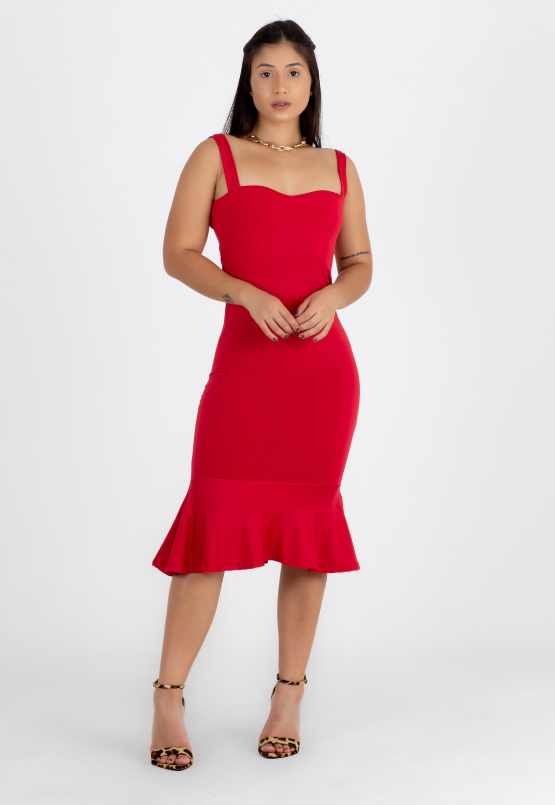 VESTIDO MIDI ALCINHA CANELADO - VERMELHO - Nur Autoral