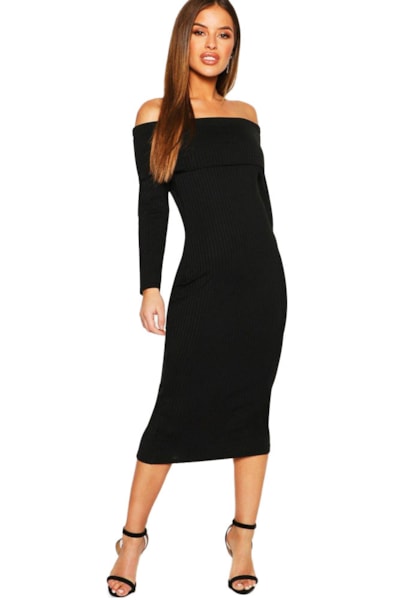 Vestido Midi Canelado Ombro a Ombro e Manga Longa REF: NCR0004