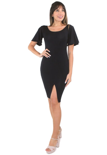 Vestido Midi Liso Com Fenda e Manga Com Babado REF: VXN17