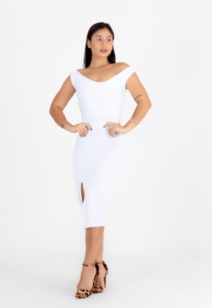 Vestido Midi Ombro a Ombro Tubinho com Fenda Branco | NR2