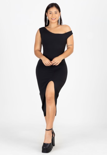 Vestido Midi Ombro a Ombro Tubinho com Fenda Preto | NR2