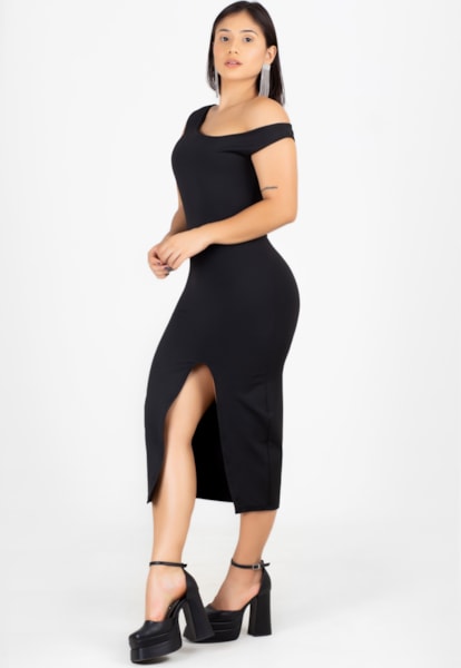 Vestido Midi Ombro a Ombro Tubinho com Fenda Preto | NR2