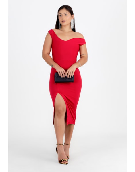 Vestido Midi Ombro a Ombro Tubinho com Fenda Vermelho | NR2 Vestido Midi Ombro a Ombro Tubinho com Fenda Vermelho | NR2