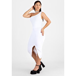Vestido Midi Tubinho com Fenda e Manga Única Branco | NR22