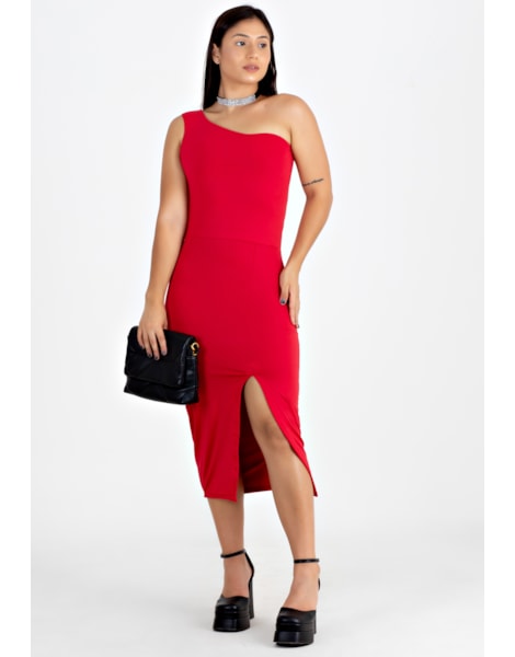 Vestido Midi Tubinho com Fenda e Manga Única Vermelho | NR22 Vestido Midi Tubinho com Fenda e Manga Única Vermelho | NR22