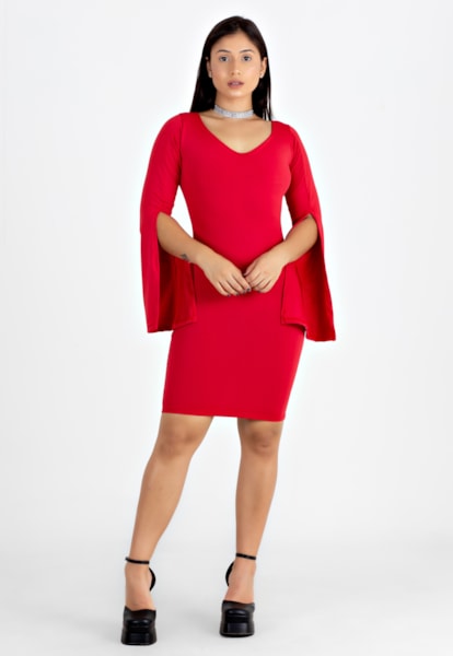 Vestido Tubinho Manga Longa Flare Vermelho | NR47