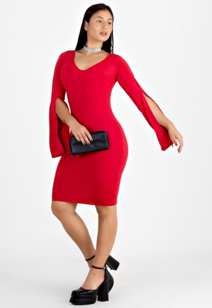 Vestido Tubinho Manga Longa Flare Vermelho | NR47