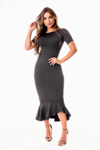 Vestido Tubinho Maxi Midi com Babado e Manguinha Evangélico, Social ou Dia a Dia REF: STY9