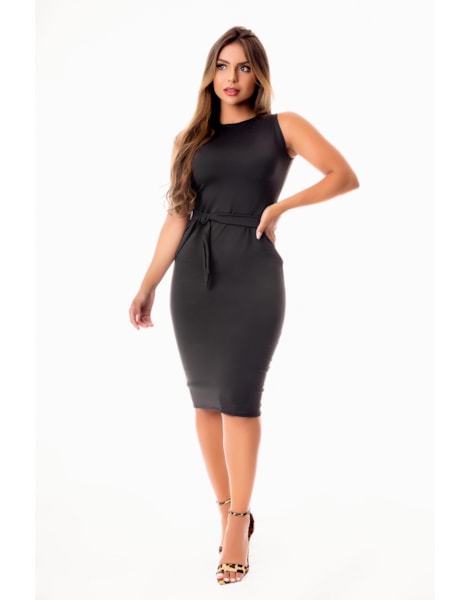 Vestido Tubinho Midi com Fenda Atrás Regata com Cinto Fake de Laço Evangélico, Social ou Dia a Dia REF: STY20 Vestido Tubinho Midi com Fenda Atrás Regata com Cinto Fake de Laço Evangélico, Social ou Dia a Dia REF: STY20