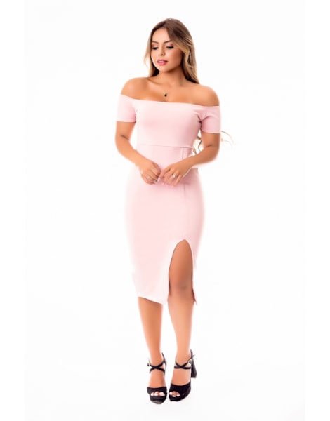 Vestido Tubinho Midi Social Ombro a Ombro com Fenda Social ou Dia a Dia REF: STY42 Vestido Tubinho Midi Social Ombro a Ombro com Fenda Social ou Dia a Dia REF: STY42